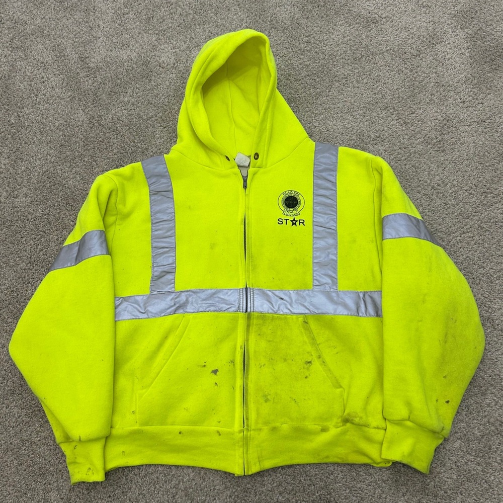 Vintage Camber Full Zip Hoodie XL Neon Yellow Hi-Vis Thermal Lined‎ Made in USA